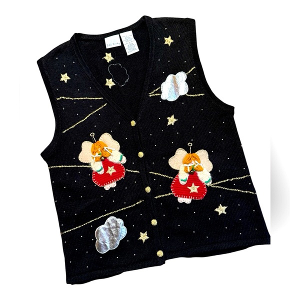 Vtg Bobbie Brooks Ladies Size Lg Christmas Sweater Vest Angels Gold Christmas - Picture 1 of 6